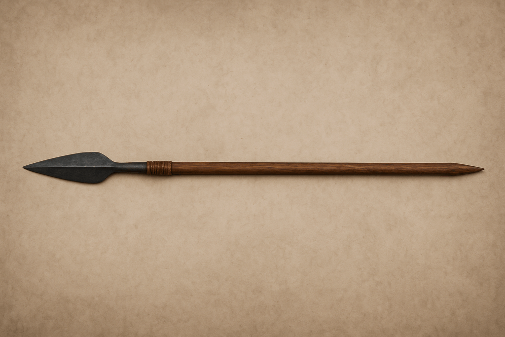 Speer, Waffe mit langem Holzgriff, endet in zulaufender Metallspitze, historisch akkurate Waffe der Vivahawseo Reihe