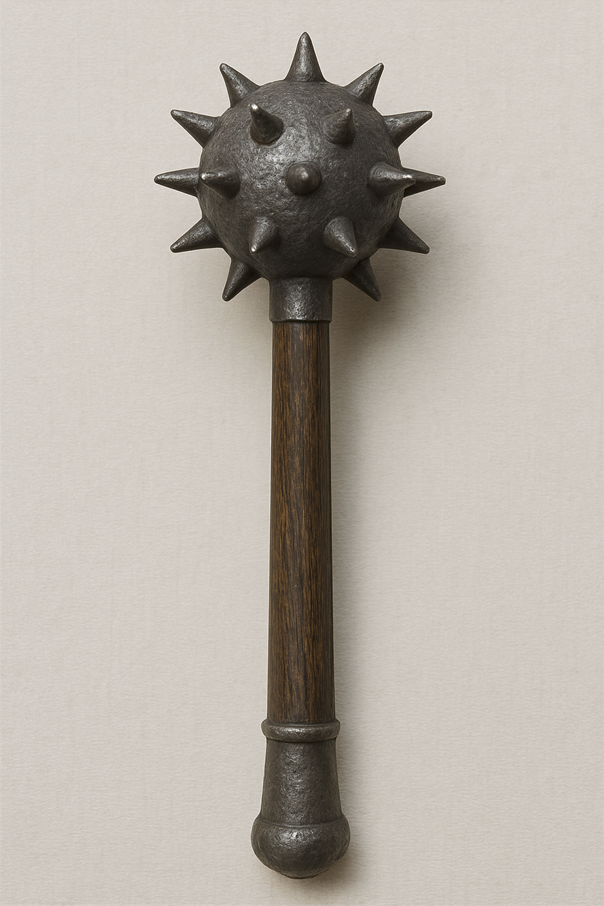 Morgenstern, Waffe mit langem Holzgriff, endet in Metallkugel mit vielen spitzen Enden, historisch akkurate Waffe der Vivahawseo Reihe