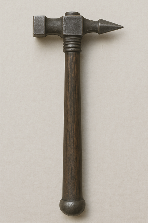 Streithammer, Hammer mit langem Holzgriff, endet in Metallhammer mit einem stumpfen und einem spitzen Ende, historisch akkurate Waffe der Vivahawseo Reihe