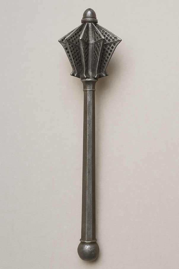Streitkolben, Waffemit langem Holzgriff, endet in Metallspitze mit schmalen, nach außen gerichteten, spitz zulaufenden Metallplatten, historisch akkurate Waffe der Vivahawseo Reihe