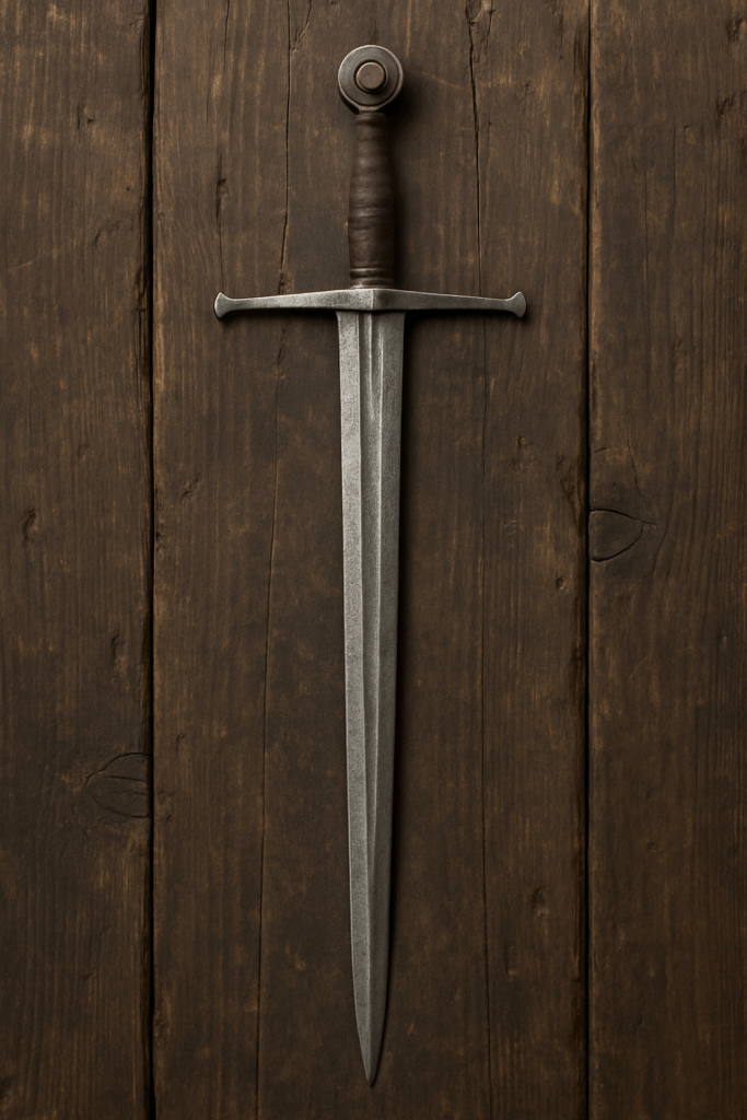 Schwert, Waffe mit kurzem, in Leder oder Stoff gekleideten Griff und langer spitz zulaufender Metallscheide, abgegrenzt durch ein quer verlaufendes Metallstück unterhalb des Griffs, historisch akkurate Waffe der Vivahawseo Reihe